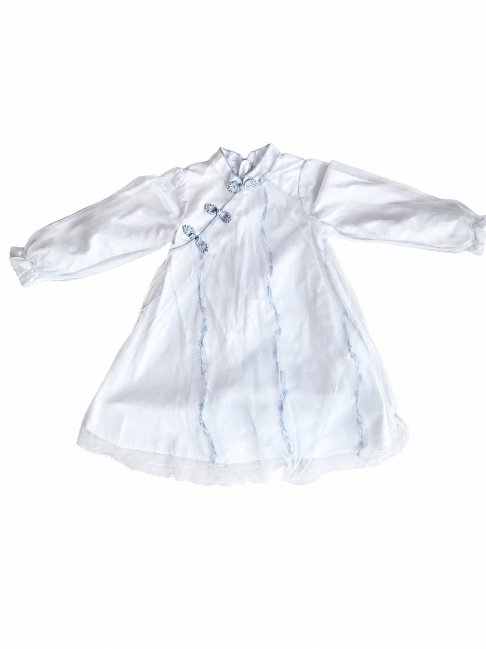 Kids White & Light Blue Mandarin Collar Dress